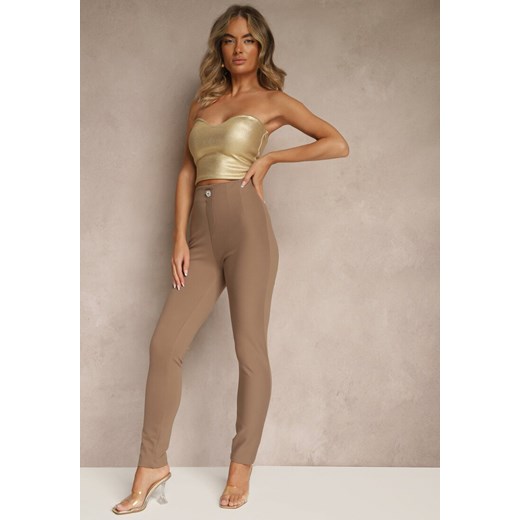 Ciemnobeżowe Legginsy High Waist z Wiskozą z Cyrkoniowym Guzikiem Naliselle ze sklepu renee.pl w kategorii Spodnie damskie - zdjęcie 184052861