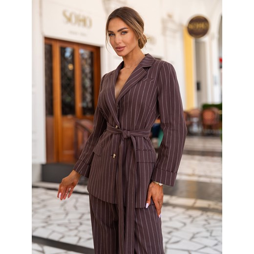Marynarka damska brązowa w paski z paskiem L’AF Himena 40 Eye For Fashion