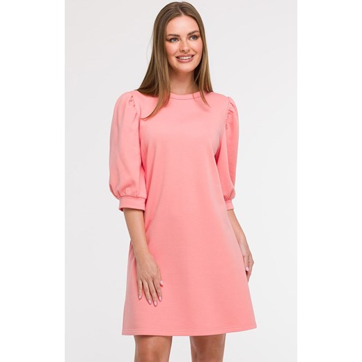 Sukienka damska z bufiastymi rękawami koralowa B291, Kolor koralowy, Rozmiar 2XL/3XL, BeWear ze sklepu Primodo w kategorii Sukienki - zdjęcie 184061372