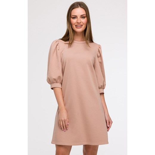 Sukienka damska z bufiastymi rękawami mokka B291, Kolor mocca, Rozmiar 2XL/3XL, BeWear ze sklepu Primodo w kategorii Sukienki - zdjęcie 184061392