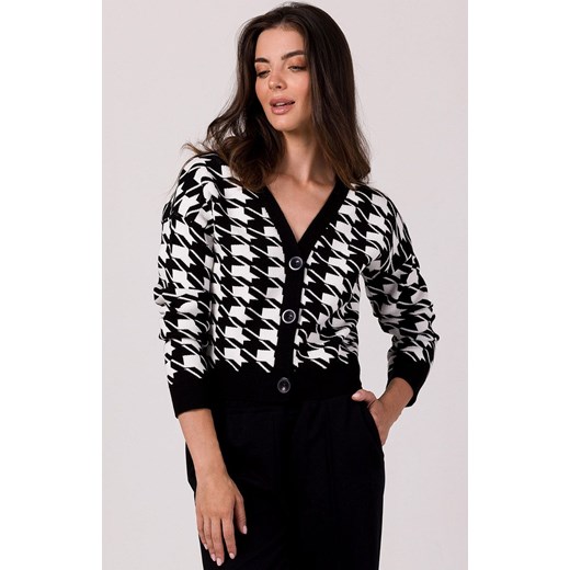 Krótki kardigan w pepitkę czarny BK104, Kolor czarny, Rozmiar L/XL, BeWear ze sklepu Primodo w kategorii Swetry damskie - zdjęcie 184061671