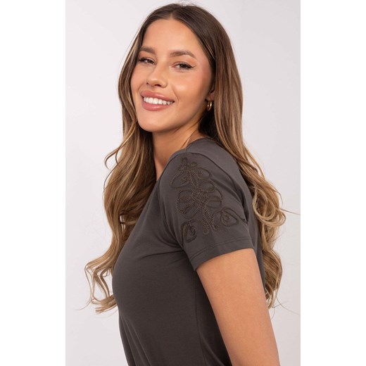 Bawełniany t-shirt damski khaki z haftem RV-TS-A518.55, Kolor khaki, Rozmiar S, Relevance ze sklepu Primodo w kategorii Bluzki damskie - zdjęcie 184069602
