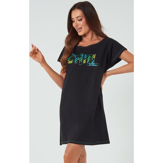 Koszula nocna damska na krótki rękaw Chill, Kolor czarny-wzór, Rozmiar S, Italian Fashion ze sklepu Primodo w kategorii Koszule nocne - zdjęcie 184073441