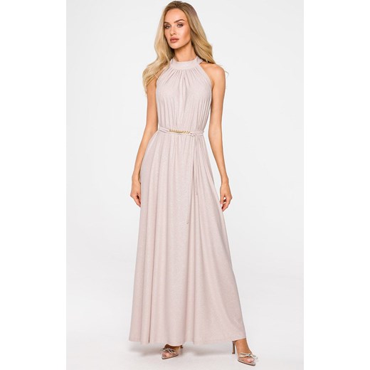 Suknia maxi z dekoltem typu halter w kolorze szampańskim M721, Kolor szampański, Rozmiar uniwersalny, MOE ze sklepu Primodo w kategorii Sukienki - zdjęcie 184082420