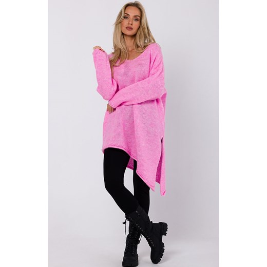 Sweter tunika z asymetrycznym dołem różowy M769, Kolor różowy, Rozmiar uniwersalny, MOE ze sklepu Primodo w kategorii Swetry damskie - zdjęcie 184083093