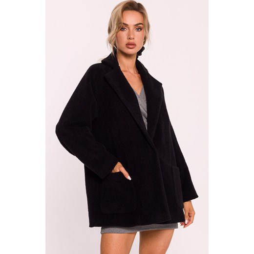Krótki płaszcz damski z włosem czarny M808, Kolor czarny, Rozmiar 2XL/3XL, MOE ze sklepu Primodo w kategorii Płaszcze damskie - zdjęcie 184083720