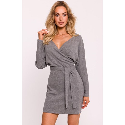 Prążkowana sukienka mini z paskiem szary melanż M819, Kolor szary melanż, Rozmiar 2XL/3XL, MOE ze sklepu Primodo w kategorii Sukienki - zdjęcie 184083914