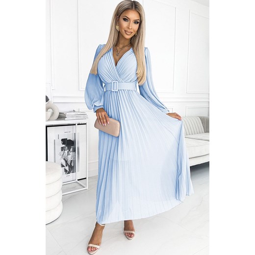 Plisowana sukienka z paskiem błękitna 414-10 Klara, Kolor błękitny, Rozmiar one size, NUMOCO BASIC ze sklepu Primodo w kategorii Sukienki - zdjęcie 184086792