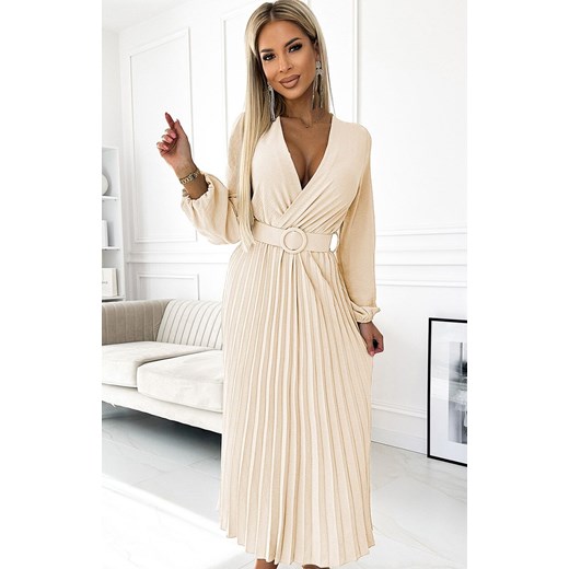 Plisowana sukienka midi z paskiem 504-7 Viviana, Kolor jasnobeżowy, Rozmiar one size, NUMOCO BASIC ze sklepu Primodo w kategorii Sukienki - zdjęcie 184087043