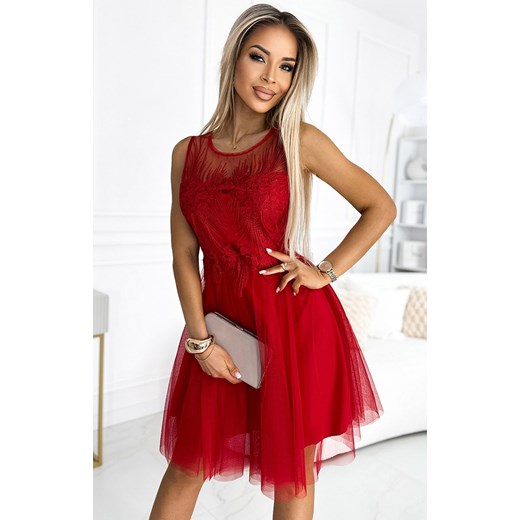 Czerwona sukienka z gipiurą i delikatnym tiulem 522-3 Caterina, Kolor czerwony, Rozmiar one size, NUMOCO BASIC ze sklepu Primodo w kategorii Sukienki - zdjęcie 184087081