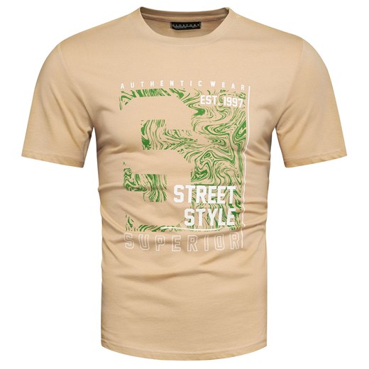Bawełniana koszulka męska beżowa z nadrukiem Recea ze sklepu Recea.pl w kategorii T-shirty męskie - zdjęcie 184109100