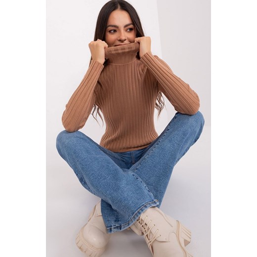 Sweter z golfem jasnobrązowy PM-SW-1087.09, Kolor jasny brąz, Rozmiar S/M, P-M ze sklepu Intymna w kategorii Swetry damskie - zdjęcie 184123282