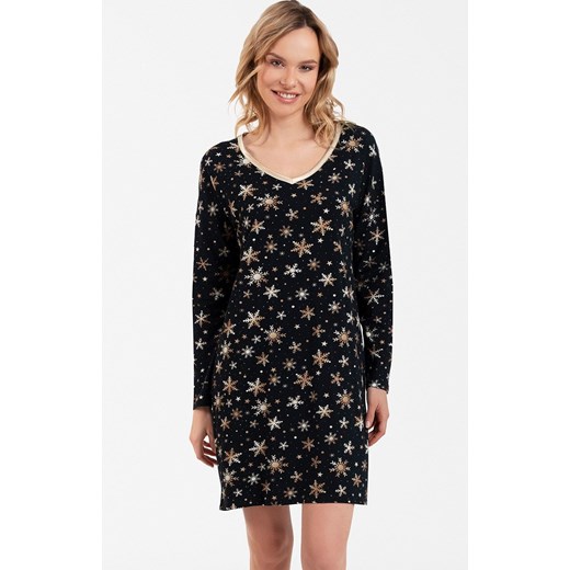 Bawełniana koszula nocna damska w śnieżynki Laponia, Kolor czarny-wzór, Rozmiar S, Italian Fashion ze sklepu Intymna w kategorii Koszule nocne - zdjęcie 184128884