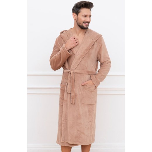 Ciepły szlafrok męski z kapturem beżowy Mimas, Kolor kamel, Rozmiar M, Italian Fashion ze sklepu Intymna w kategorii Szlafroki męskie - zdjęcie 184129070