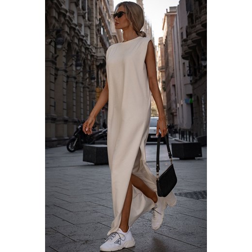 Sukienka maxi z poduszkami na ramionach śmietankowa M790, Kolor kremowy, Rozmiar S, MOE ze sklepu Intymna w kategorii Sukienki - zdjęcie 184138234