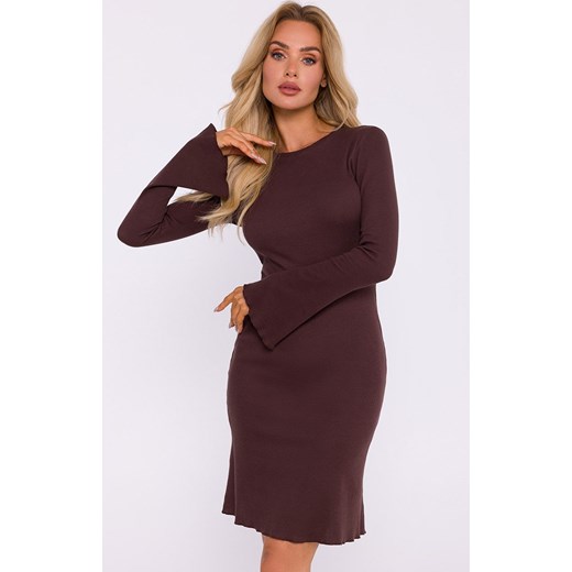 Sukienka prążkowana z poszerzonymi rękawami brązowa M821, Kolor brązowy, Rozmiar 2XL/3XL, MOE ze sklepu Intymna w kategorii Sukienki - zdjęcie 184138424