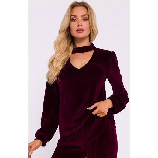 Welurowa bluzka z dekoltem typu halter neck bordowa M831, Kolor bordowy, Rozmiar L, MOE ze sklepu Intymna w kategorii Bluzki damskie - zdjęcie 184138553