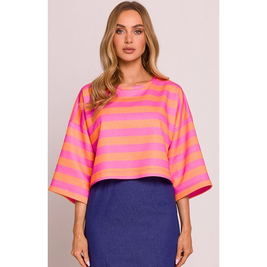 Moe krótka bluza damska w paski  M844/3, Kolor różowo-pomarańczowy, Rozmiar 2XL/3XL, MOE ze sklepu Intymna w kategorii Bluzki damskie - zdjęcie 184138753