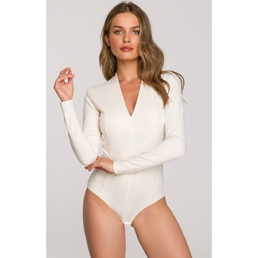 Body damskie bluzka z dekoltem V w kolorze ecru S327, Kolor ecru, Rozmiar L, Stylove ze sklepu Intymna w kategorii Body damskie - zdjęcie 184149303