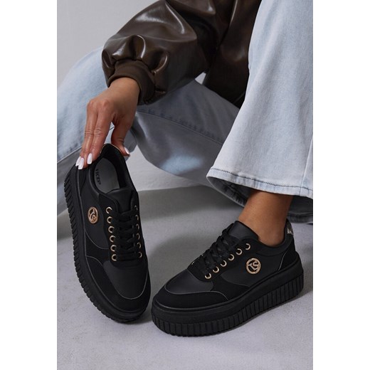 Czarne Sneakersy Vices na Platformie z Tłoczeniem Ozdobione Metaliczną Aplikacją Eriri ze sklepu renee.pl w kategorii Buty sportowe damskie - zdjęcie 184157604