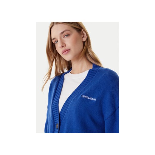 Sweter damski niebieski Guess jesienny z dekoltem w serek