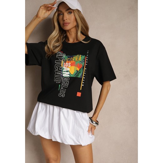 Czarna Koszulka T-shirt z Bawełny Zdobiona Oryginalnym Nadrukiem Savindrae ze sklepu renee.pl w kategorii Bluzki damskie - zdjęcie 184166504