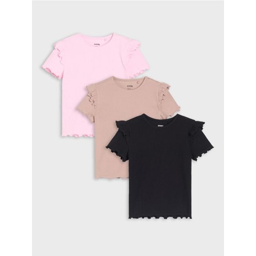 Sinsay - Koszulki z prażkowanej dzianiny z ozdobnymi falbanami 3 pack - wielobarwny ze sklepu Sinsay w kategorii Bluzki dziewczęce - zdjęcie 184184094