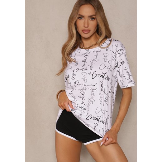 Biały Bawełniany T-shirt o Kroju Oversize z Ozdobnym Nadrukiem Aveneli ze sklepu renee.pl w kategorii Bluzki damskie - zdjęcie 184184333