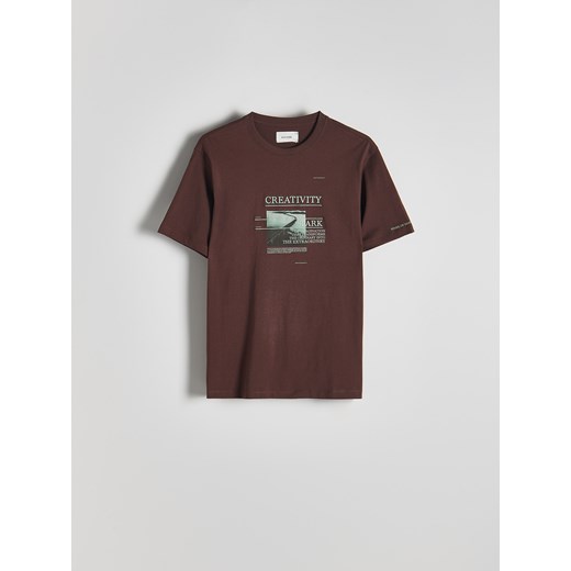 Reserved - T-shirt regular z haftem - brązowy Reserved S Reserved okazja