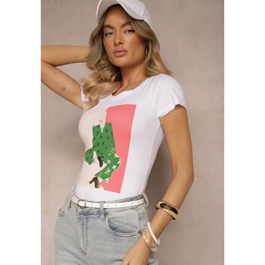 Biały T-shirt z Bawełny Zdobiony Nadrukiem Aizana ze sklepu renee.pl w kategorii Bluzki damskie - zdjęcie 184185623