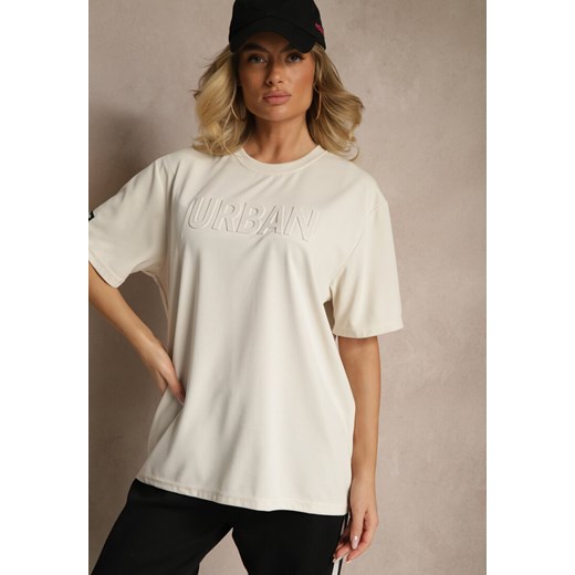 Jasnobeżowa Bawełniana Koszulka T-shirt z Tłoczonym Napisem Lunorina ze sklepu renee.pl w kategorii Bluzki damskie - zdjęcie 184186553