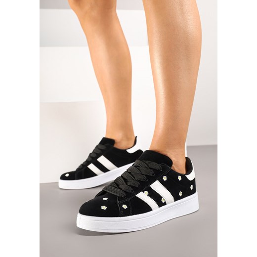 Czarne Sneakersy Ozdobione Haftowanymi Kwiatami i Paskami Malirelle ze sklepu renee.pl w kategorii Buty sportowe damskie - zdjęcie 184188273