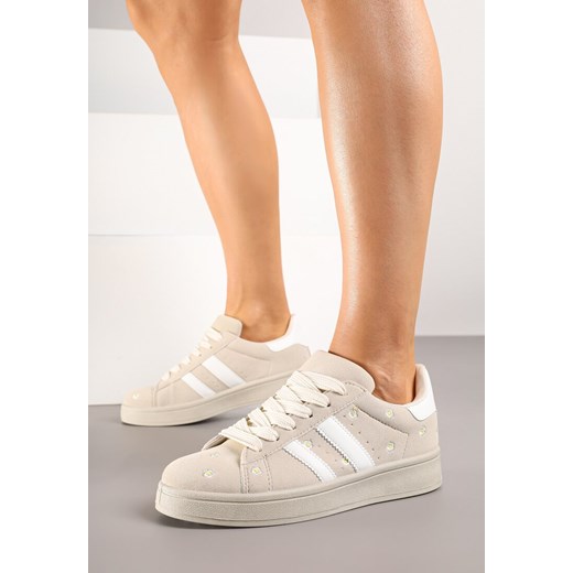 Beżowe Sneakersy z Ozdobnymi Paskami i Haftowanymi Kwiatami Malunea ze sklepu born2be.pl w kategorii Buty sportowe damskie - zdjęcie 184191081