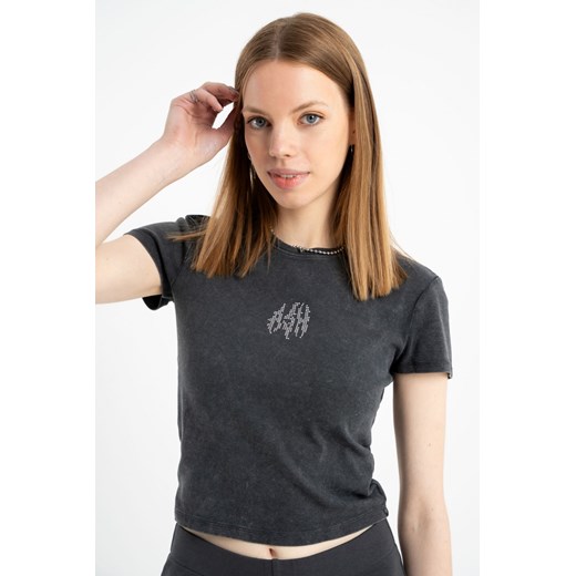 Szary crop top z ozdobną aplikacją z kryształków, kolor - szary, rozmiar - 170 ze sklepu REPORTER w kategorii Bluzki dziewczęce - zdjęcie 184202050