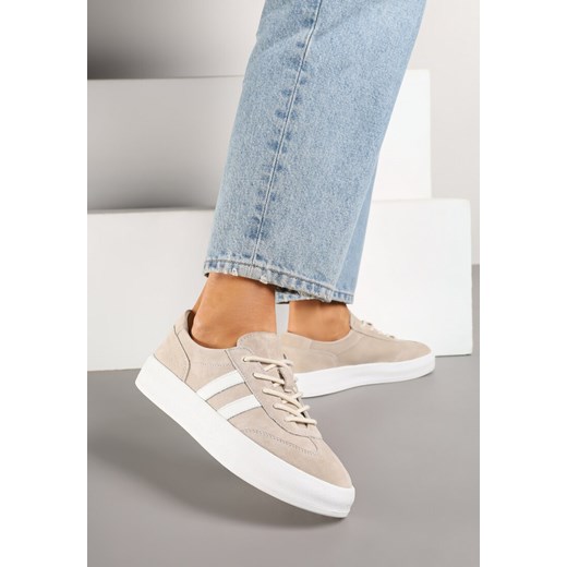 Beżowe Skórzane Sneakersy Typu Klasyczne Tenisówki na Grubej Podeszwie Eleavine ze sklepu born2be.pl w kategorii Buty sportowe damskie - zdjęcie 184203052