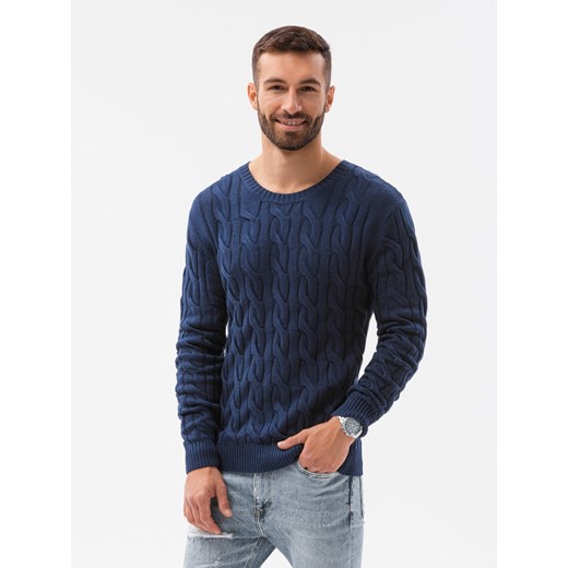 Sweter męski z warkoczowym splotem - ciemnoniebieski V2 E195 L okazja ombre
