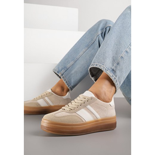 Ciemnobeżowe Płaskie Sneakersy Ozdobione Paskami Norili ze sklepu born2be.pl w kategorii Buty sportowe damskie - zdjęcie 184235841