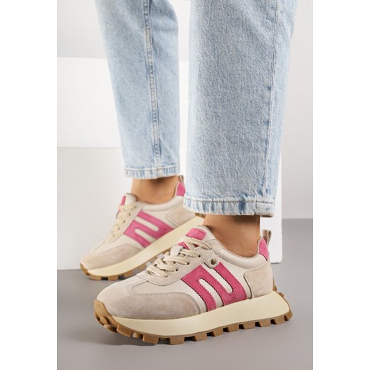 Beżowo-Fuksjowe Skórzane Sneakersy z Geometrycznym Motywem Melussea ze sklepu born2be.pl w kategorii Buty sportowe damskie - zdjęcie 184235912