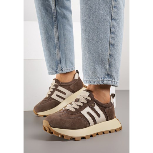 Brązowe Skórzane Sneakersy z Geometrycznym Motywem Melussea ze sklepu born2be.pl w kategorii Buty sportowe damskie - zdjęcie 184235924