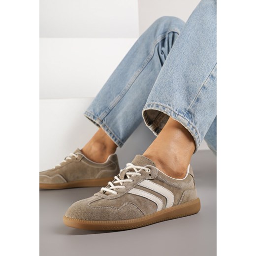 Ciemnobeżowe Sneakersy w Stylu Tenisówek ze Skórzaną Wkładką z Geometrycznym Zdobieniem Melamira ze sklepu born2be.pl w kategorii Buty sportowe damskie - zdjęcie 184235930