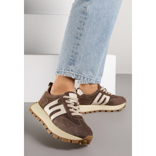 Brązowe Sneakersy ze Skóry Naturalnej Ozdobione Geometrycznym Wzorem Melassea ze sklepu renee.pl w kategorii Buty sportowe damskie - zdjęcie 184236071