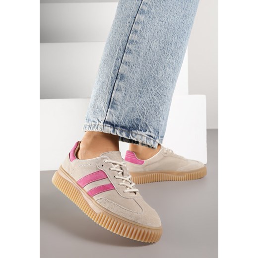 Beżowo-Fuksjowe Sneakersy Tenisówki z Wkładką ze Skóry Naturalnej Ozdobione Tłoczeniem Meluella ze sklepu renee.pl w kategorii Buty sportowe damskie - zdjęcie 184236083