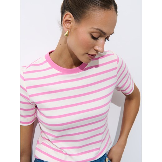 Mohito - T-shirt z merceryzowanej bawełny - pastelowy różowy ze sklepu Mohito w kategorii Bluzki damskie - zdjęcie 184238671