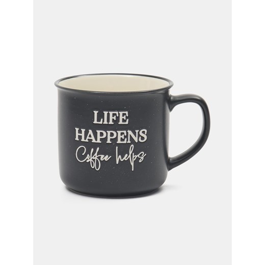 Sinsay - Ceramiczny kubek z uchem LIFE HAPPENS Coffee helps - czarny Sinsay One Size Sinsay