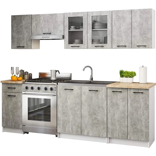 Zestaw mebli kuchennych z witryną beton  240 cm F3-P65 ze sklepu Edinos.pl w kategorii Meble kuchenne - zdjęcie 184257450