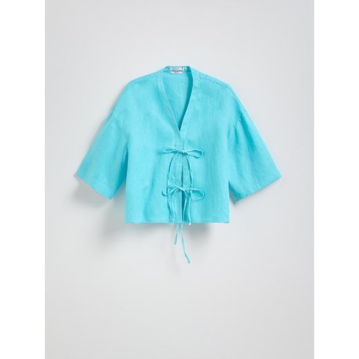 Reserved - Lniana bluzka z wiązaniami - jasnoturkusowy ze sklepu Reserved w kategorii Bluzki damskie - zdjęcie 184272662