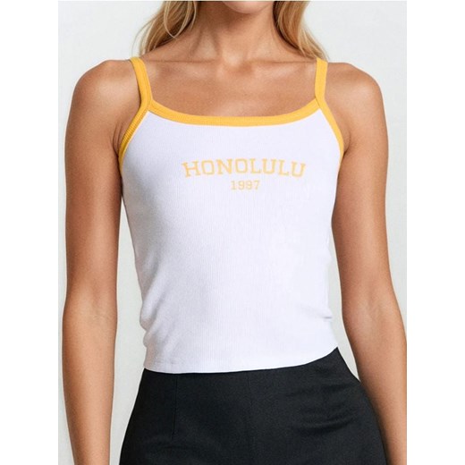 Sinsay - Bawełniany crop top z napisem Honolulu - biały ze sklepu Sinsay w kategorii Bluzki damskie - zdjęcie 184276723