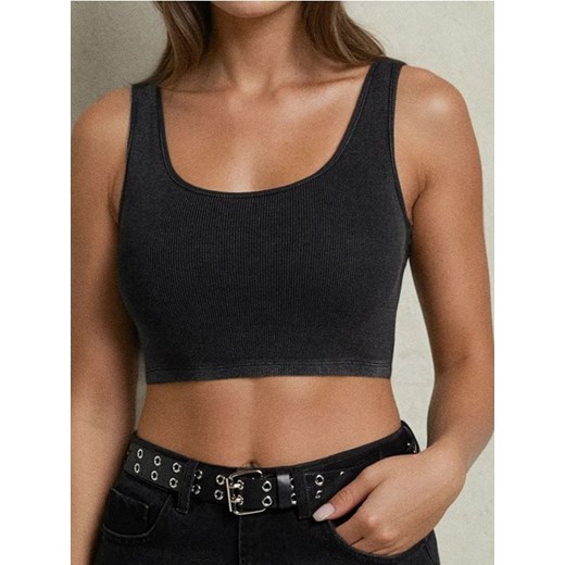 Sinsay - Bawełniany crop top w prążek - szary ze sklepu Sinsay w kategorii Bluzki damskie - zdjęcie 184276850