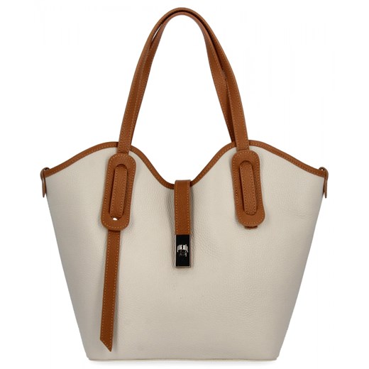 Włoska Torebka Skórzana Shopper Bag z Kosmetyczką 631 Beżowa/Ruda ze sklepu PaniTorbalska w kategorii Torby Shopper bag - zdjęcie 184294152