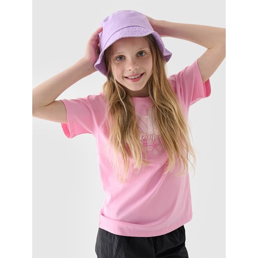 Dziewczęcy t-shirt z nadrukiem 4F 4FJRSS24TTSHF2054 - różowy ze sklepu Sportstylestory.com w kategorii Bluzki dziewczęce - zdjęcie 184525944